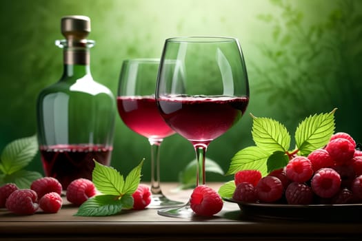 raspberry liqueur, wine in a glass isolated on a green background .