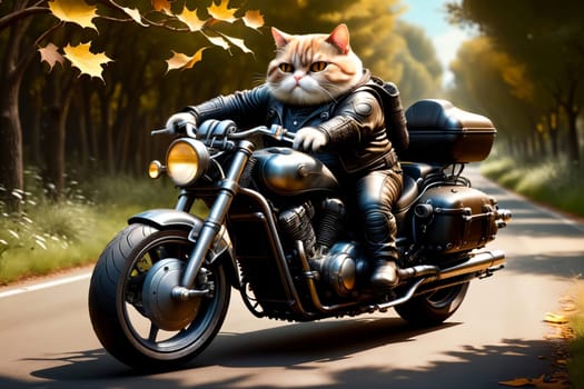 cat biker on a motorcycle rides down the road .