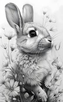 A monochromatic drawing of a domestic rabbit amidst flowers, showcasing the elegance of the Easter bunny with its whiskers and style, resembling a wood rabbit in its natural habitat