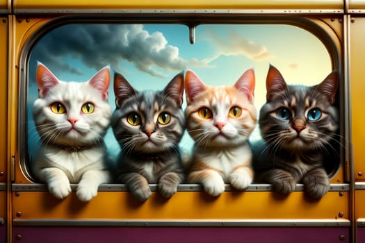 funny cats travel in a train carriage, vacation .