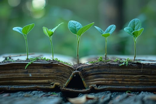 Green seedlings sprouting from old book, symbolizing growth through knowledge and education