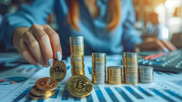 businesswoman hand putting coin to stack of coins for finance and banking concept.