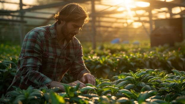 Dedicated Farmer Inspecting Pepper Plants in Sunny Greenhouse at Sunset