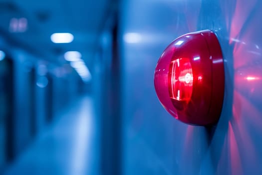 Red fire alarm light on white wall in building hallway. Emergency, safety, and security concepts