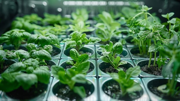 Thriving seedlings in greenhouse nursery trays, vibrant green foliage, sustainable agriculture and horticulture