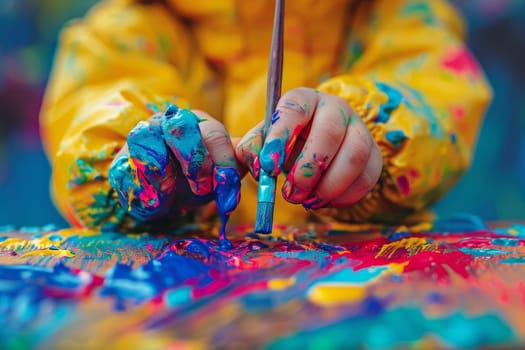 Childs Messy Hands Holding Paintbrush and Creating Watercolor Art