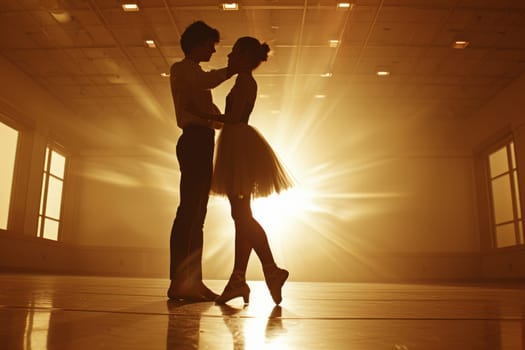 Romantic Couple Performing Ballet Pas de Deux in Sunlit Dance Studio