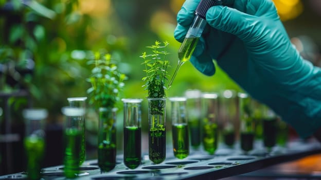 Scientist Analyzing Plants in Test Tubes for Biotechnology Research