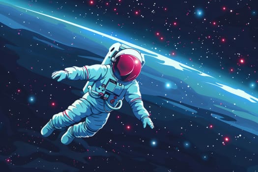 Astronaut floating in cosmic space with laser beam, exploring vast universe. Concept of space travel, adventure, and cosmic exploration