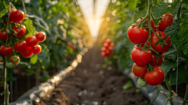 Ripe red tomatoes growing on vines in greenhouse with sunlight