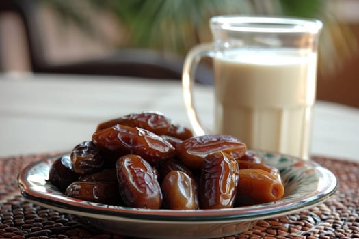 Dates on a plate and a glass of milk on the table
