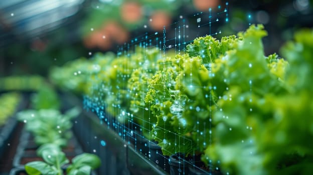 Hydroponic vegetable cultivation with water droplets in a futuristic greenhouse powered by artificial intelligence. Concept of sustainable urban farming and smart agriculture technology.