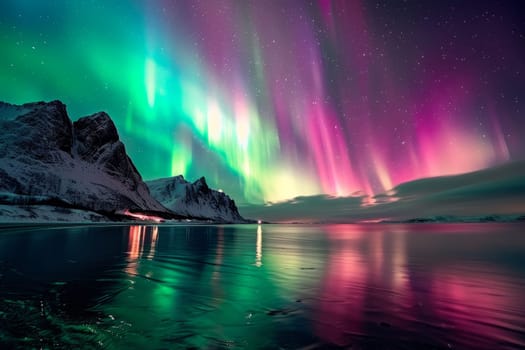 Breathtaking Aurora Borealis over Serene Mountain Lake. Vibrant Northern Lights Reflecting on Calm Waters with Majestic Peaks in the Background.