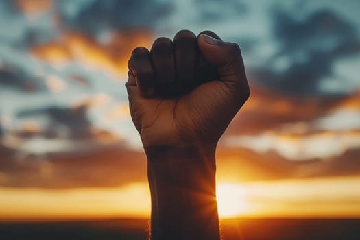 Clenched fist raised against sunset sky, embodying strength, determination and motivation concept