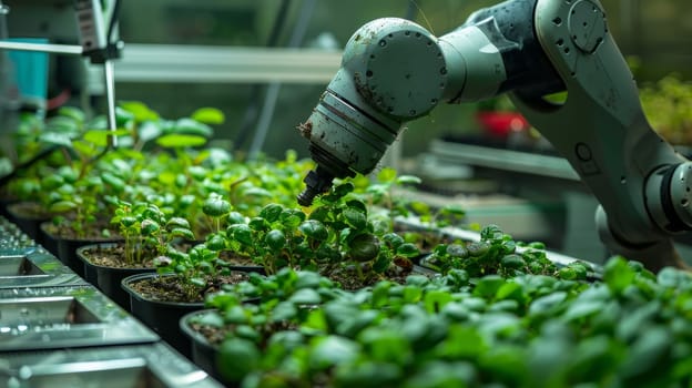 Robotic Arm Watering Seedlings in Automated Indoor Vertical Farm or Greenhouse