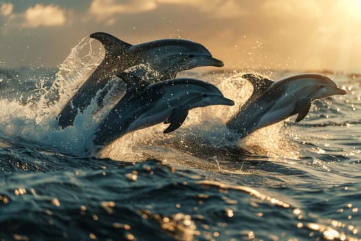 Dolphins Jumping at Sunset. A Breathtaking Display of Natures Beauty