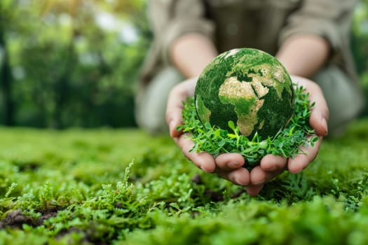 Childs Hands Embrace Green Earth Globe in Lush Forest Setting. A Symbol of Environmental Care and Sustainability