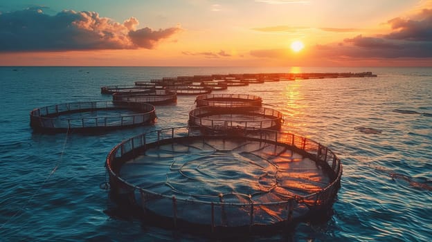 Sunset Over Ocean Fish Farm with Floating Cages for Salmon Aquaculture and Seafood Production