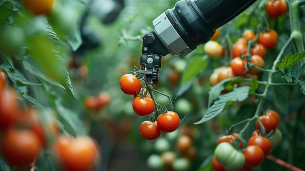 Robotic arm harvesting ripe cherry tomatoes in greenhouse. Automated agriculture technology for efficient vegetable farming.
