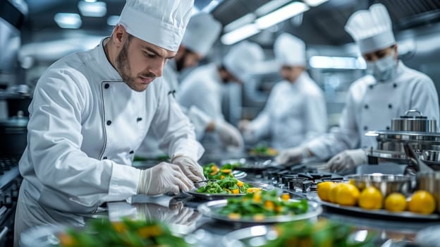 Professional chefs preparing meals in a commercial kitchen, showcasing culinary expertise and teamwork