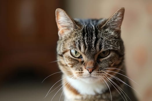 Close Up Portrait of Angry Tabby Cat Glaring with Yellow Eyes
