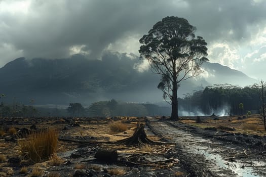 Aftermath of Bushfire Disaster, Scorched Landscape and Lone Resilient Tree in Smoky Mountain Valley. A Poignant Scene of Environmental Devastation and Natures Resilience.