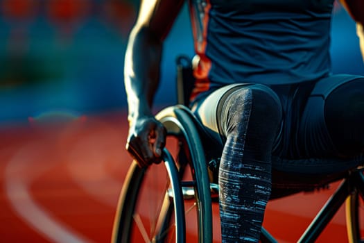 Close-up of a disabled athlete in a wheelchair on the track