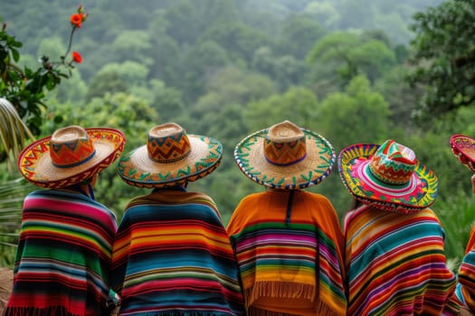 Mexican Culture, People Wearing Sombreros and Ponchos Overlooking Lush Green Landscape