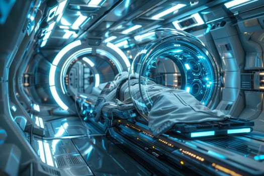 Astronaut in Stasis Pod on Spaceship During Interstellar Travel, Cryosleep, or Medical Treatment. Concept of Space Exploration, Technology, and Futuristic Medicine