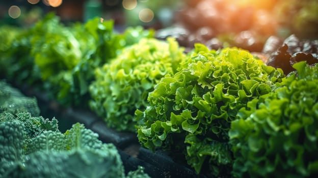 Fresh green lettuce leaves growing in vegetable garden with natural sunlight. Concept of healthy organic farming, nutrition and sustainable agriculture