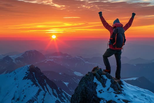 Adventurous Hiker Celebrating Mountain Peak Success at Vibrant Sunrise