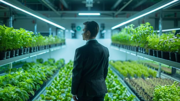 Businessman observing hydroponic indoor farm with rows of lush green plants under grow lights. Concept of sustainable agriculture, urban farming, technology and innovation