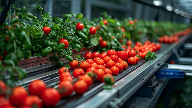 Conveyor Belt with Fresh Tomatoes in Greenhouse, Modern Agriculture and Food Production
