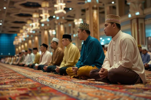 Peaceful prayer gathering at ornate mosque, men in traditional attire performing Islamic rituals with reverence and unity. Concept of faith, spirituality, community and cultural diversity
