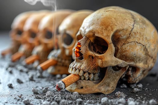 Haunting Still Life of Skulls and Cigarettes. A Grim Warning Against Smokings Deadly Effects. Artistic Vanitas Composition with Smoke and Ash.