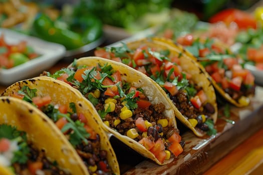 Authentic Mexican Tacos with Beef, Vegetables, and Fresh Herbs on Rustic Wooden Plate
