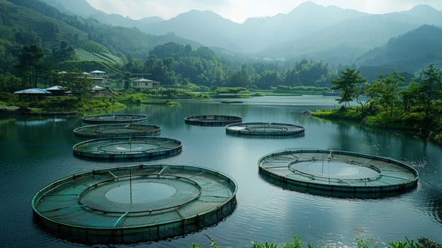 Serene Morning Over Fish Farm on Lake with Mountain Landscape