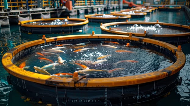 Koi Fish Swimming in Tanks at an Aquaculture Farm