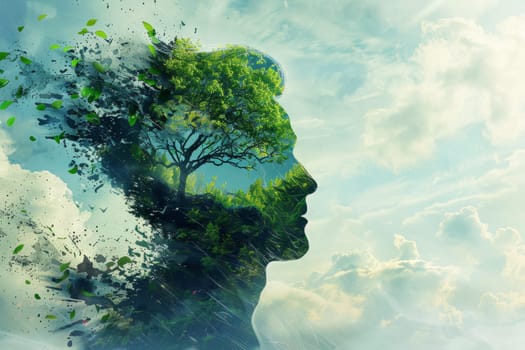 Mans Head Dissolving into Nature with Tree, Clouds, and Sky. Concept of Environmental Awareness, Sustainability, and Connection to Nature