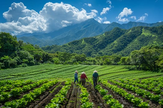 Taiwanese Farmers Cultivate Cabbage in Traditional Farm with Mountain View