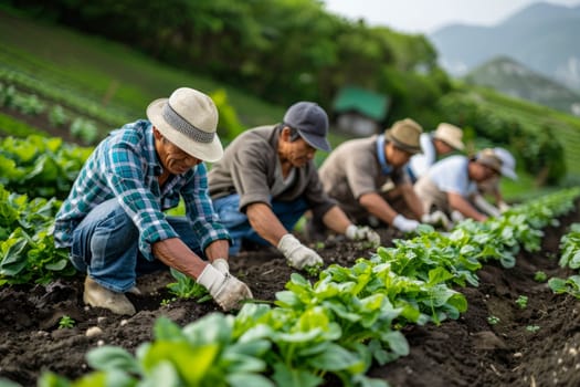 Agricultural workers harvesting crops on farm, rural agricultural scene with farmers picking fresh vegetables in vegetable field surrounded by mountains