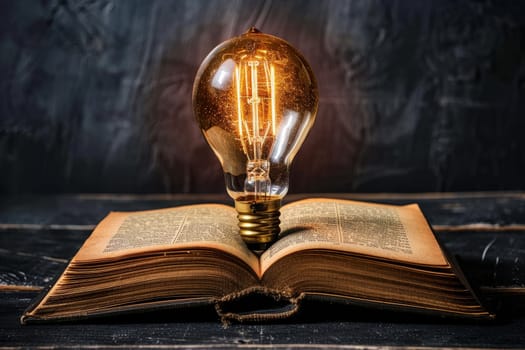 Light bulb on an old book on a dark background. The concept of education and knowledge.