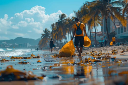 Man collecting trash on polluted beach. Concept of environmentalism, plastic pollution, and ocean cleanup