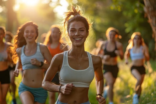 Group of Young Women Running Together Outdoors in Nature at Sunset. Fitness, Friends, and Fun