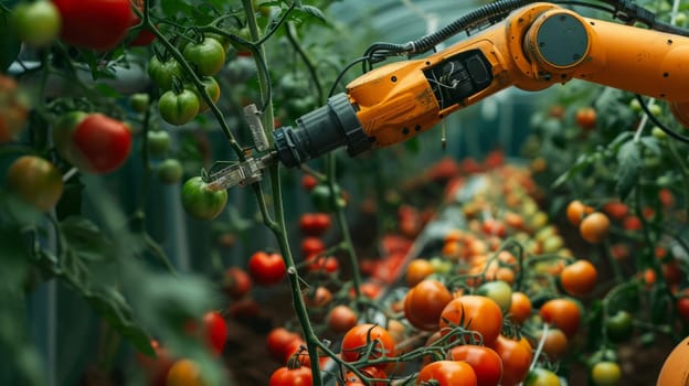 Industrial robotic arm harvesting tomatoes in greenhouse, agriculture automation technology concept for modern farming