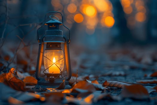 Vintage oil lantern glowing in autumn forest, cozy warm light in nature scenery with fallen leaves and bokeh background. Concept of camping, hiking, adventure, tranquility, and seasonal change