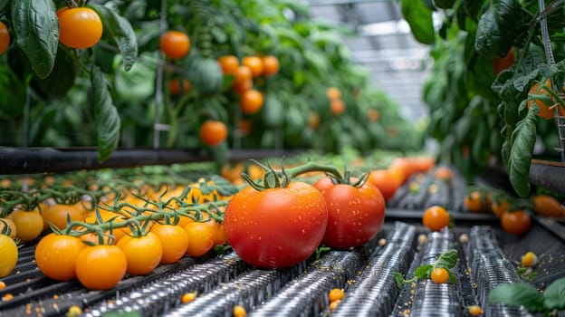 Ripe Tomatoes Growing in Greenhouse, Organic Farming Concept