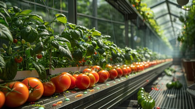 Tomato greenhouse harvest with rows of ripe red tomatoes on vines under sunlight. Concept of organic farming, agriculture and horticulture industry