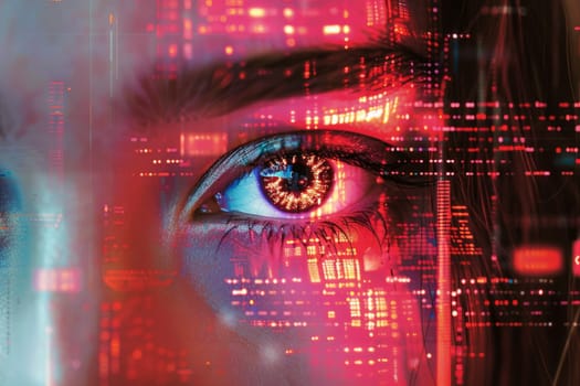 Close up of Womans Eye with Futuristic Digital Overlay, Representing Technology, Vision, and the Future