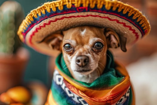 Adorable Chihuahua Dog Dressed in Festive Sombrero and Serape Celebrates Cinco de Mayo